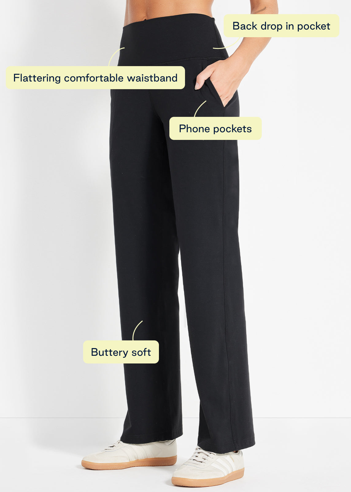 Black lounge pants with callouts highlighting buttery soft feel and pocket details