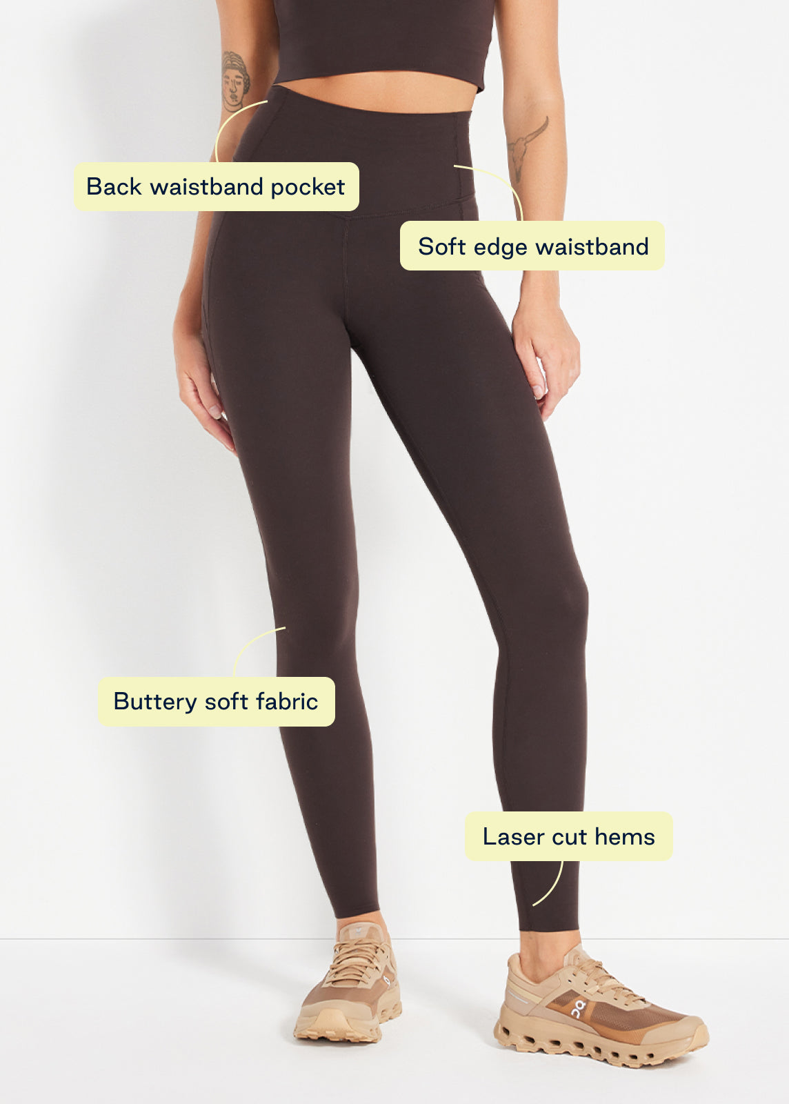 Espresso leggings with soft-edge waistband, laser-cut hems and buttery soft fabric labels